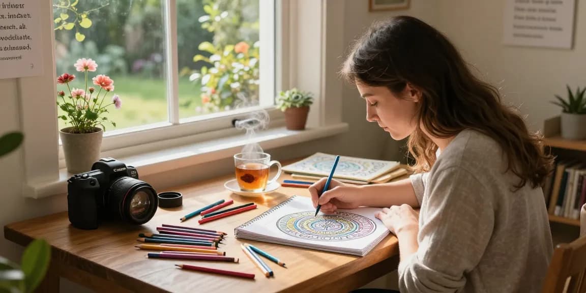 Coloring for stress relief in a serene home art studio with a woman focused on a mandala.