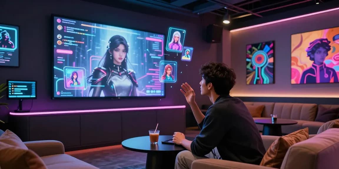 Engaging interaction with ai nsfw character in stylish digital lounge, neon lighting, futuristic atmosphere.