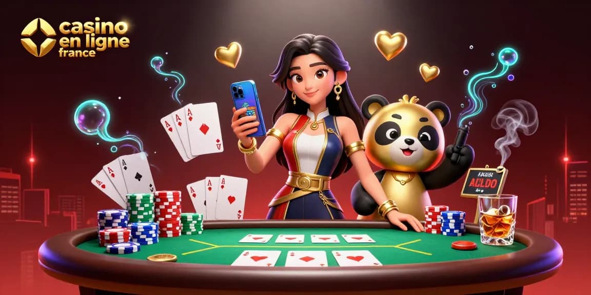 Jouez à des jeux passionnants sur casino en ligne France avec une femme asiatique et une mascotte panda dorée.