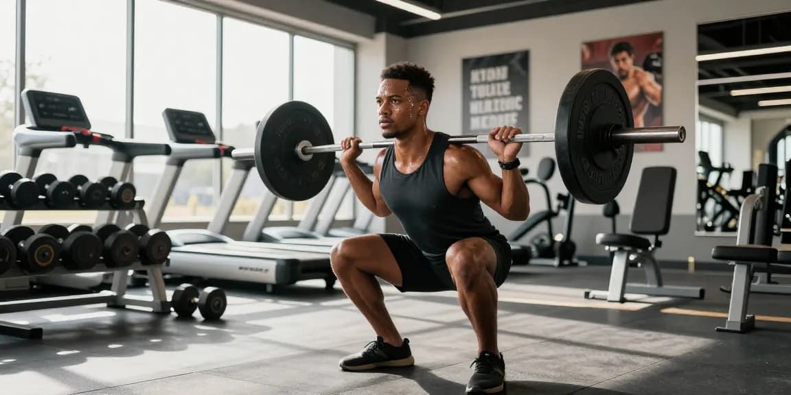 Athlete in a gym performing squats representing Deus Medical Shop's quality fitness products.