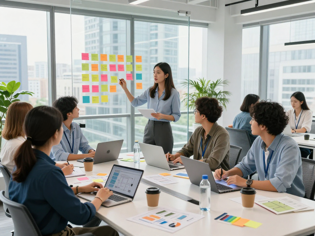 Team collaboration at https://koperasisantun.com/ in a vibrant office space fostering creativity and innovation.