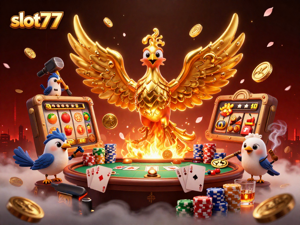 Win big with slot777 as golden phoenix symbolizes jackpot riches in a vibrant casino scene.