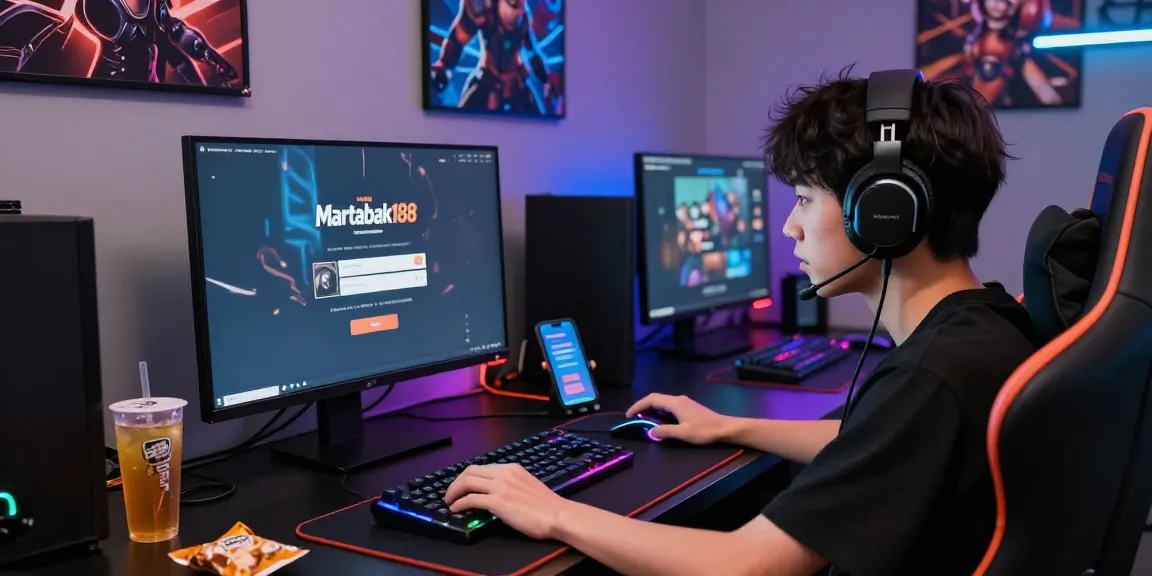 Martabak188 login pada platform bermain game online dengan pengguna terfokus dan aksesori gaming lengkap.