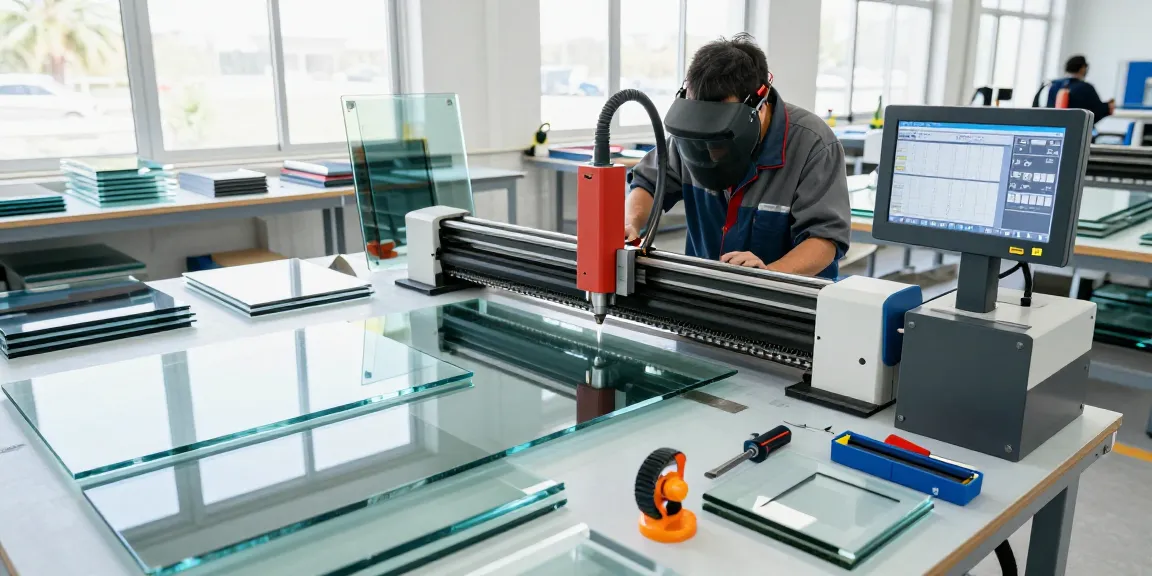 Technician operating a glass cutting machine in a bright workshop focused on precision glass processing.