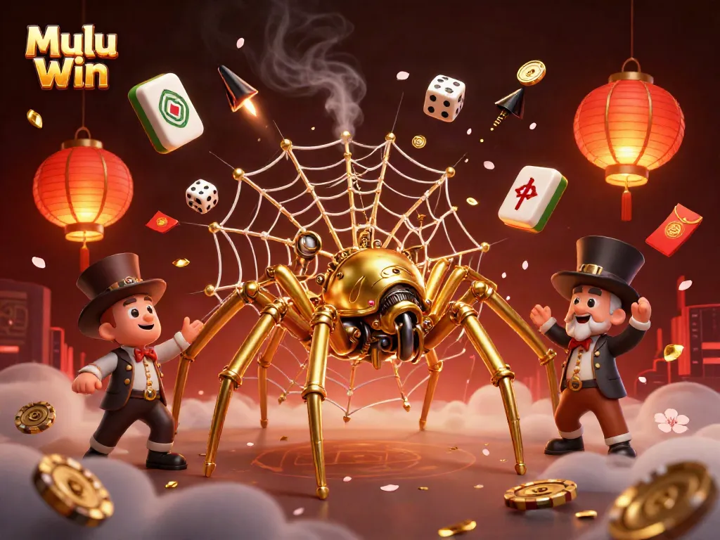 Mulu Win features a steampunk spider ensnaring dice in its web, surrounded by gaming elements, emphasizing chances.
