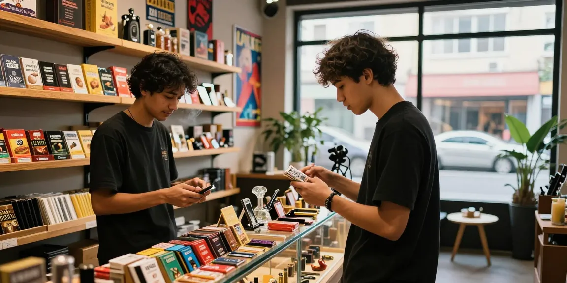 Customer exploring rokok88 tobacco products in a trendy smoke shop with stylish decor.