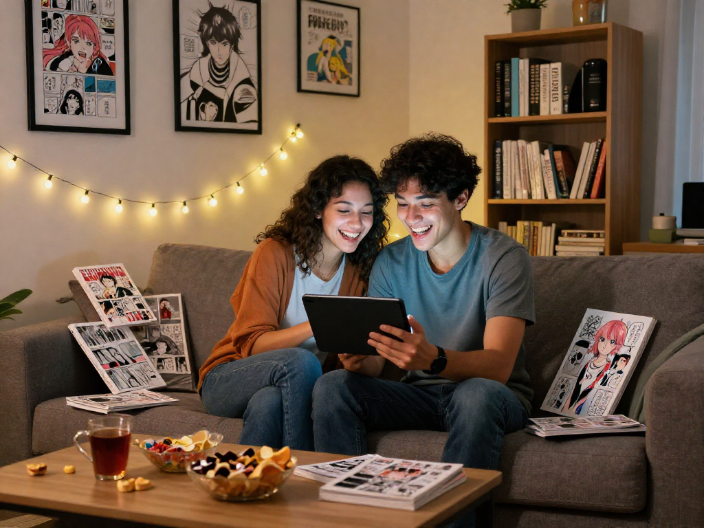 Couple enjoying digital manga on a cozy sofa in the Official Site's vibrant living room.
