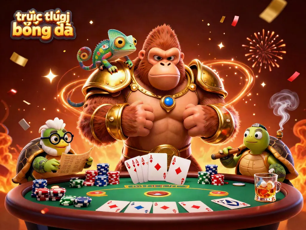 Experience trực tiếp bóng đá with a vibrant scene featuring a gorilla king and chameleon as they celebrate around a poker table.
