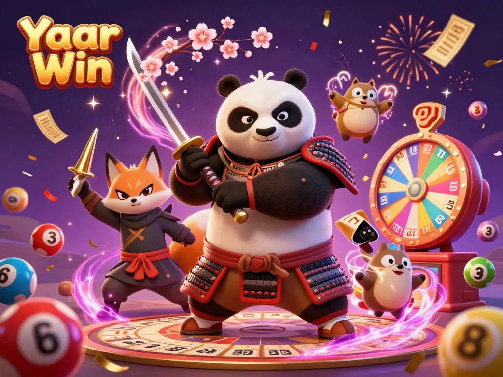 Yaar Win features a cartoon samurai panda and ninja fox amidst vibrant lottery elements, showcasing engaging online gaming.