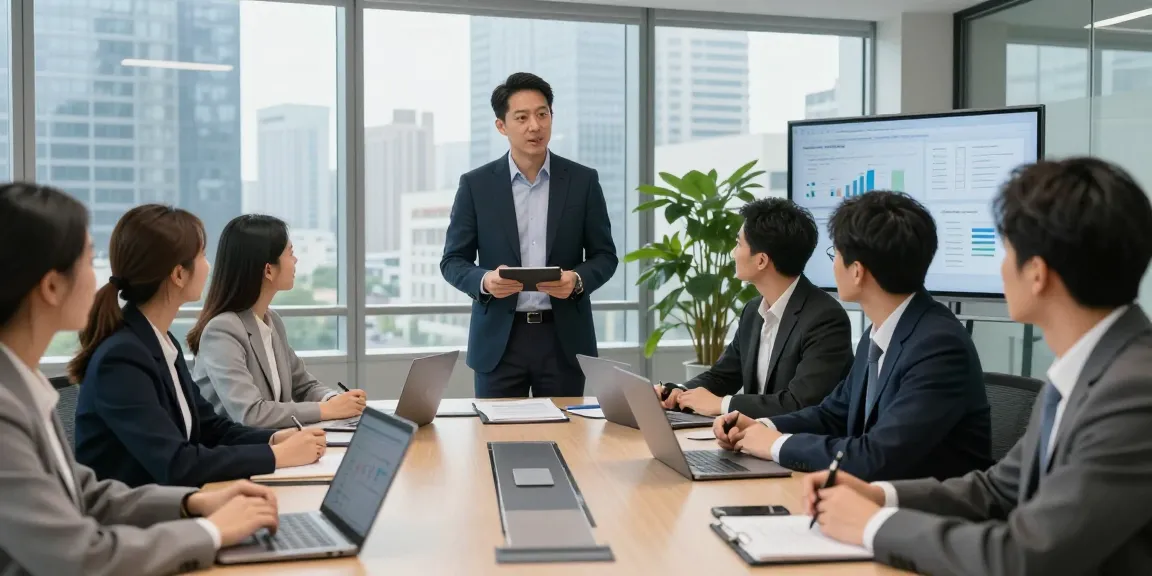 Terry Hui leading a professional meeting in a modern office setting.