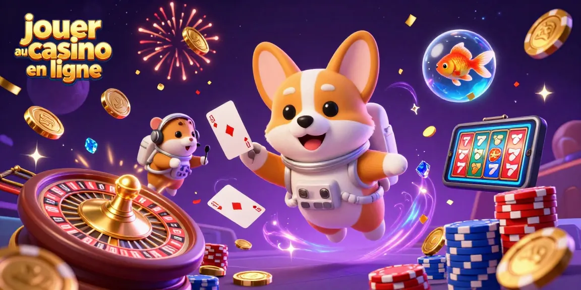 Jouer au casino en ligne avec un corgi astronaute, des jetons de poker et des pièces d'or flottantes.