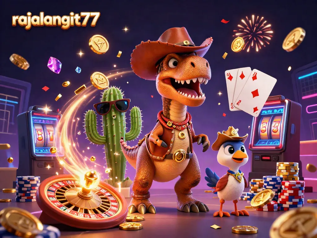 Visual permainan kasino menarik dengan rajalangit77 dan karakter kartun yang menyenangkan.