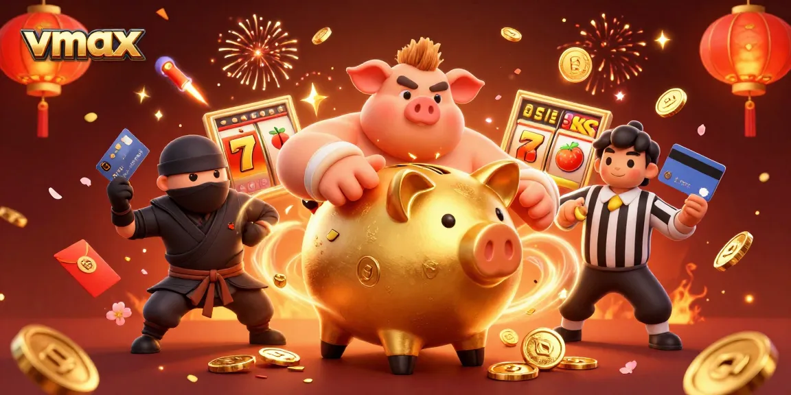 Experience vibrant 3D vmax casino action with a golden piggy bank sumo wrestler and slot elements!