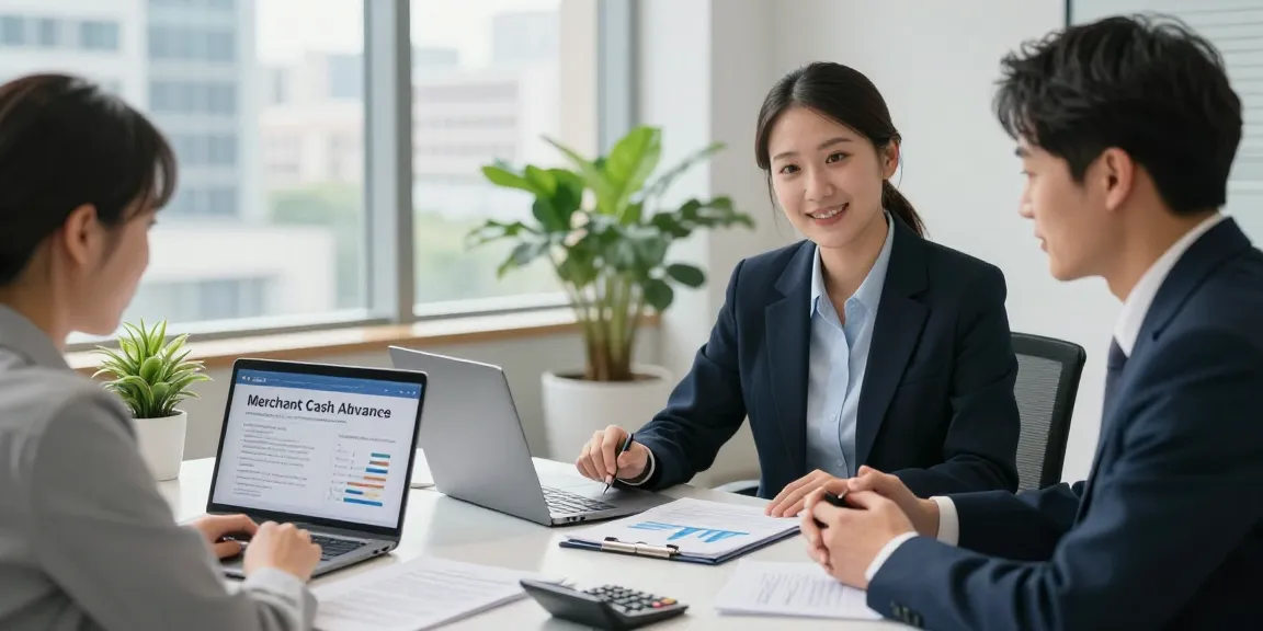 Secure the cheapest merchant cash advance in UK with personalized financial advice in a modern office setting.