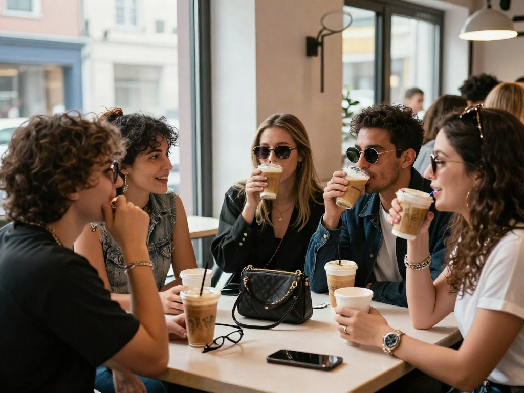 Suasana kafe mewah dengan kelompok muda stylish menikmati kopi, membahas luxury111.