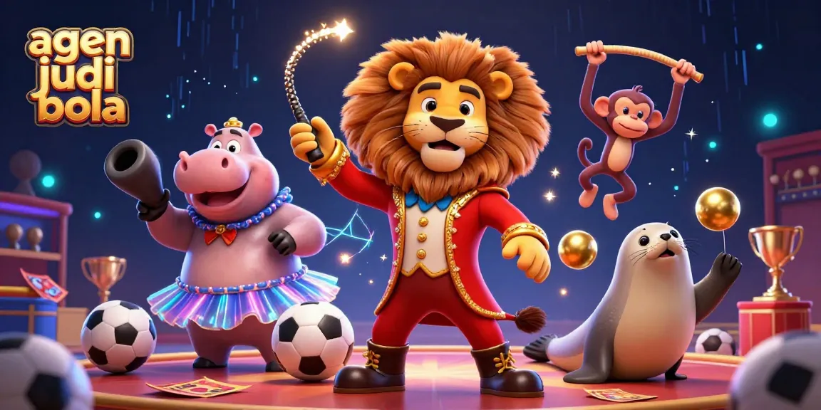 Engage with agen judi bola through an electrifying illustration of circus characters amidst sports betting elements.