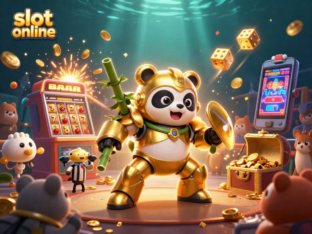 Experience thrilling slot online gameplay illustrated by a golden panda in a vibrant casino scene