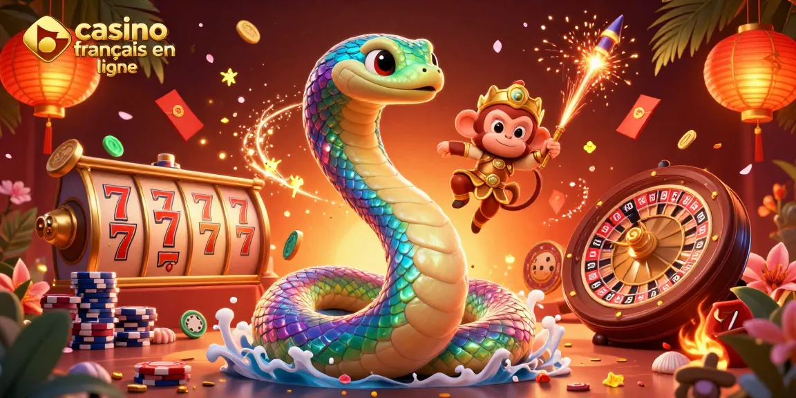 Le jeu au casino français en ligne illuminé par une scène dynamique avec des serpents et des lapins en or.