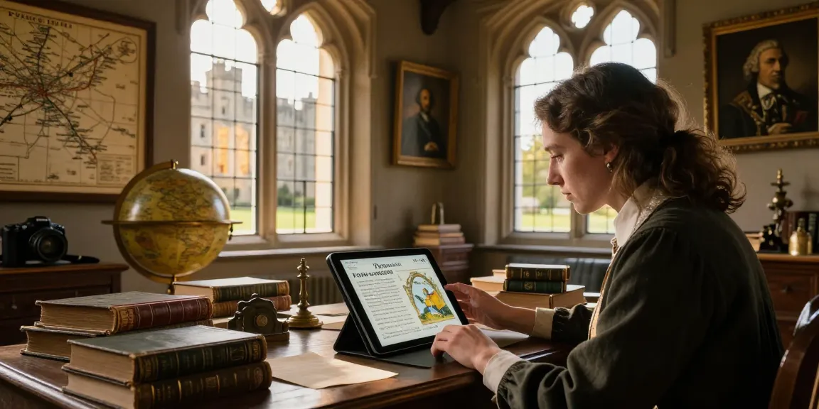 Engaged reader at https://tyntescastle.com exploring Tynte's Castle history with tablet and vintage books.