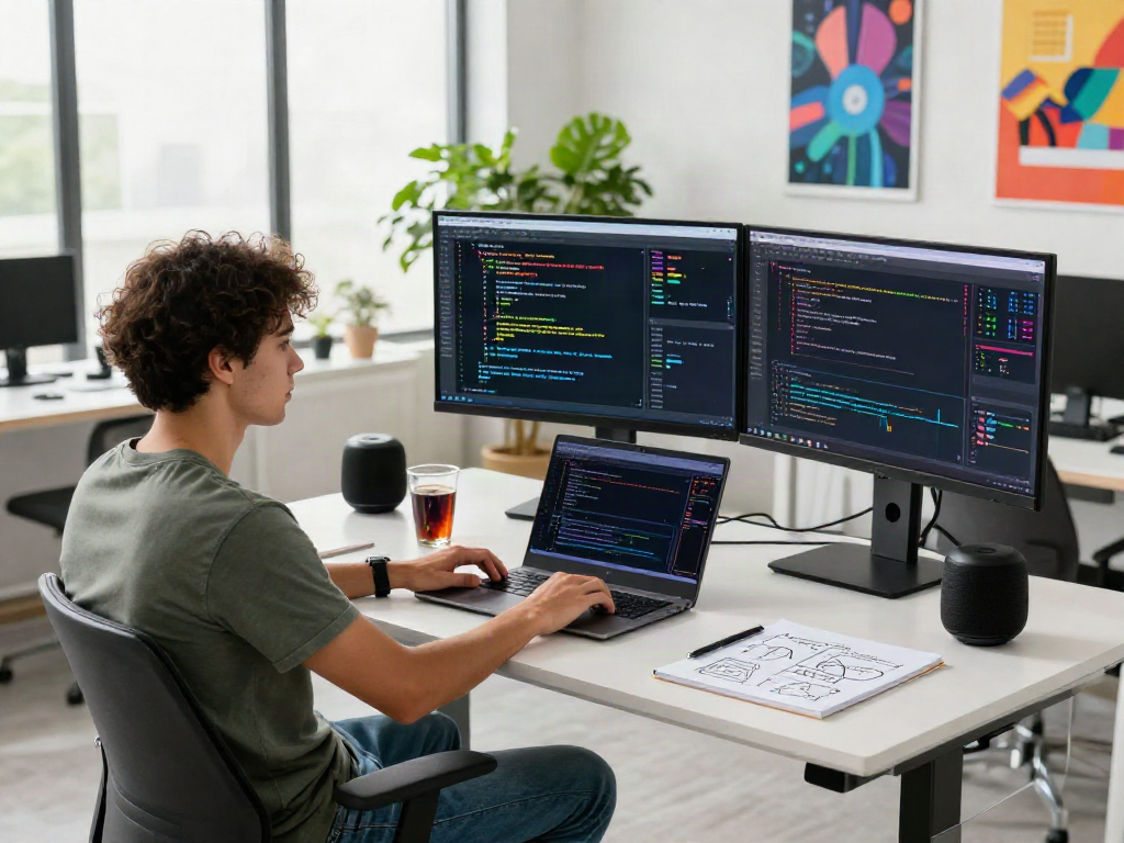 AI Detection workspace with data scientist analyzing algorithms on dual monitors in a vibrant office