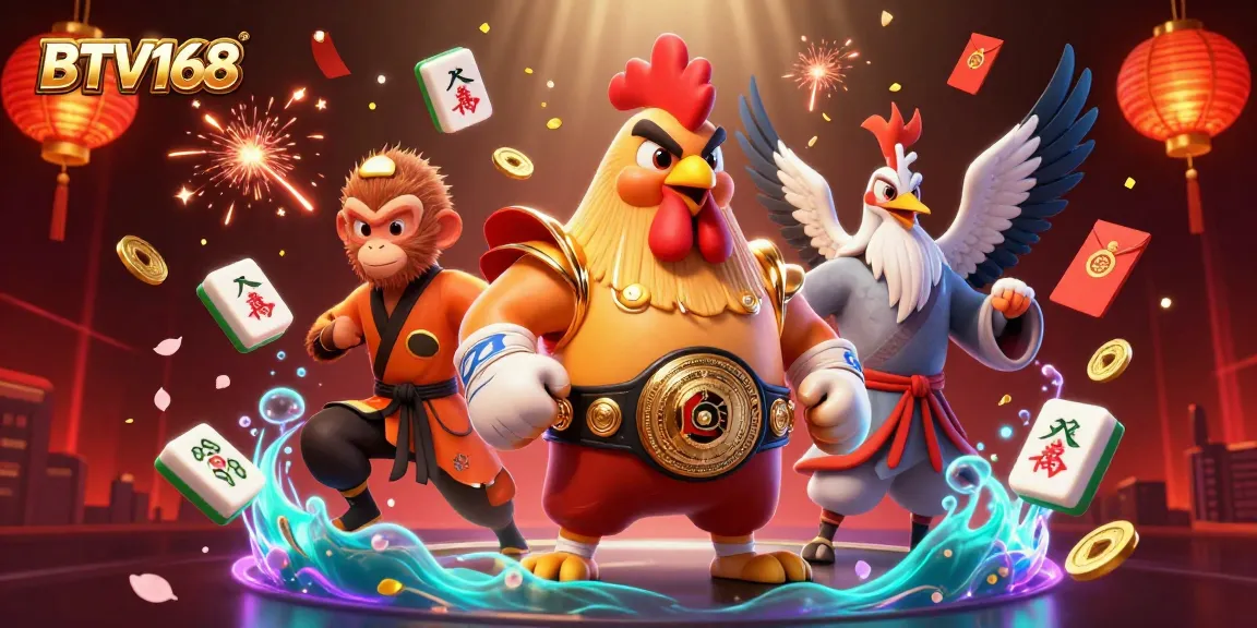 BTV168 showcases a vibrant gambling scene with a fighting rooster, monkey, and crane amid casino elements.