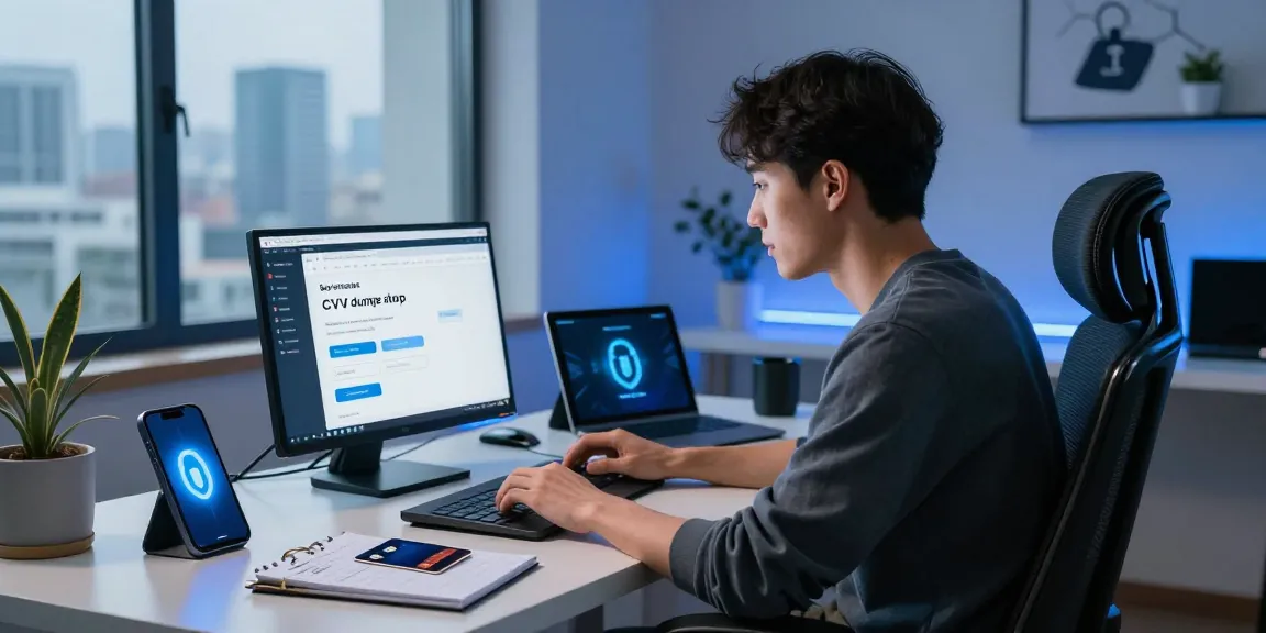 Customer buying CVV dumps securely at a trusted sell dumps shop on a laptop, surrounded by tech gadgets.