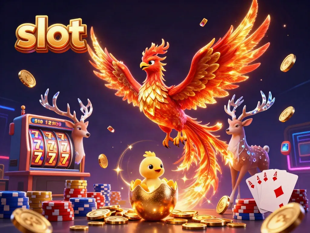Spin the slot reels and watch the phoenix soar in this vibrant casino illustration.