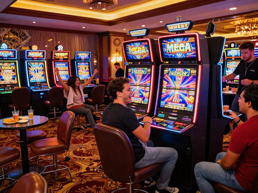 Excited player enjoying a MEGA SLOT game in a lively casino environment.