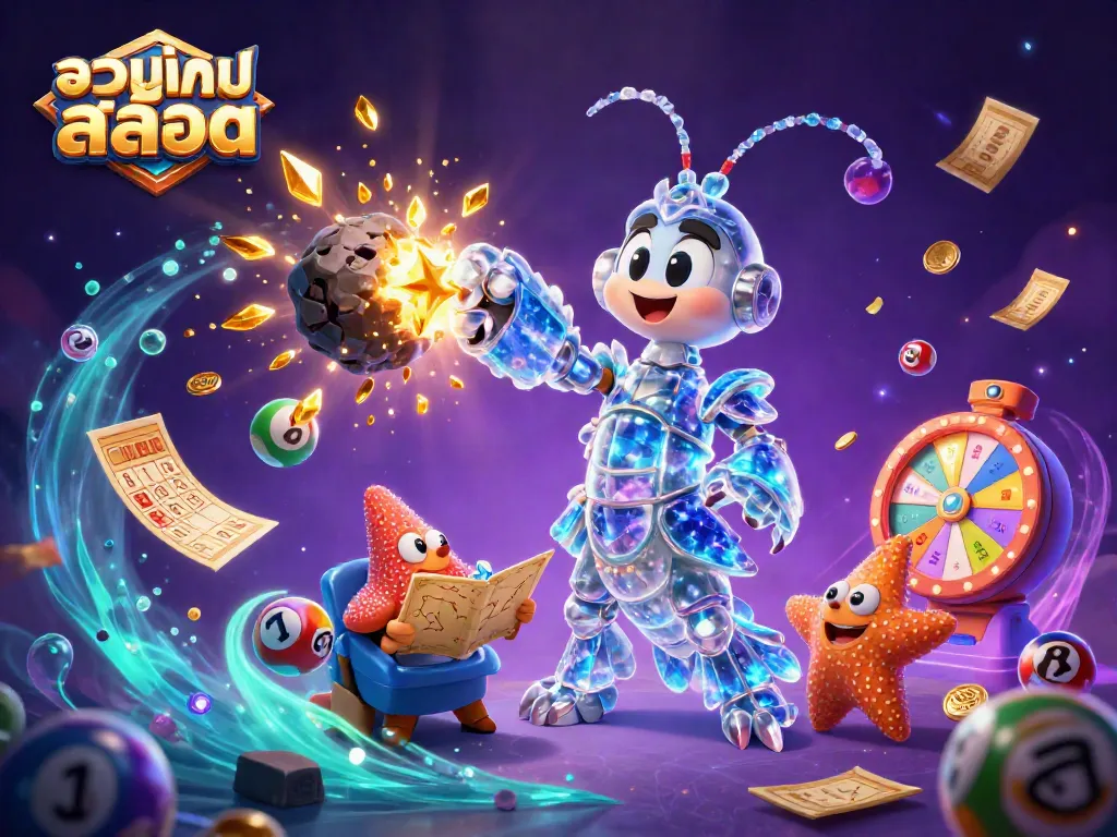 Engage with รวมเกมสล็อต in this dynamic 3D scene featuring a galactic samurai mantis shrimp amidst vibrant casino elements.