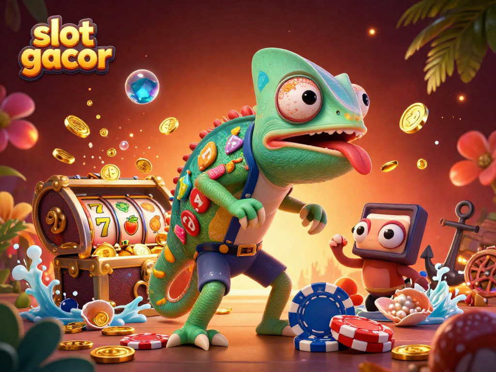 Slot gacor menampilkan pemilik kasino bunglon 3D berwarna cerah dengan banyak elemen permainan.