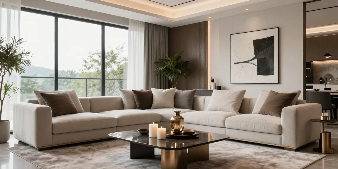 ตกแต่งภายใน modern luxury featuring an elegant living room with natural light and stylish decor.