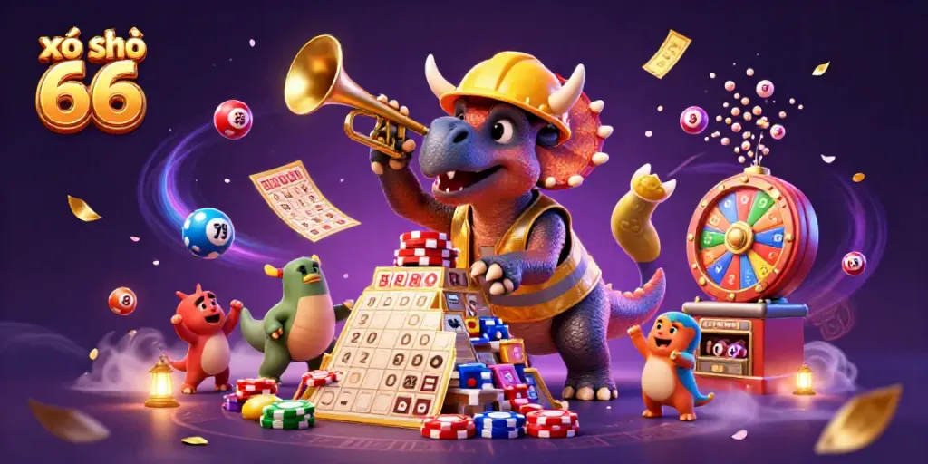 Engage with xổ số 66 in vibrant 3D casino illustration featuring lottery dynamics and celebratory characters.