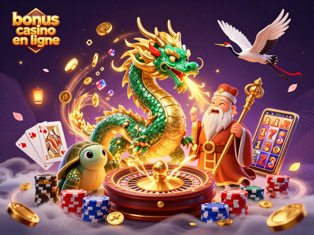 Profitez des bonus casino en ligne avec cette illustration dynamique du dragon et des jeux d'argent enflammés.