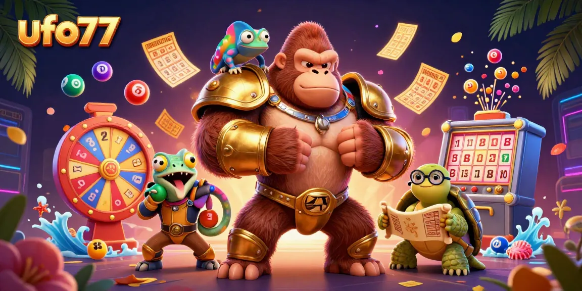 Engage with ufo77's exciting lottery experience featuring a gorilla king and vibrant game elements.