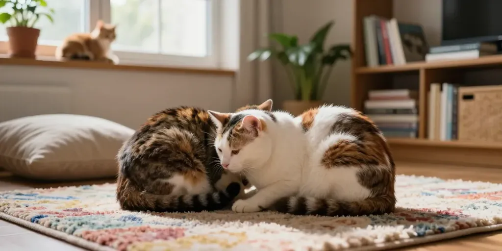 Why cats groom each other in a cozy living room scene with two affectionate cats cuddling and grooming.