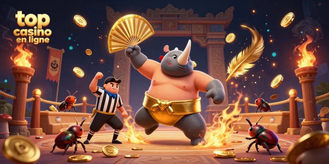 Illustration animée d'un top casino en ligne avec un scarabée rhinocéros sumotori, et pièces d'or en mouvement