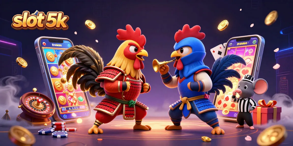 Spin the reels with slot 5k as dynamic roosters face off amidst gold coins and vibrant casino elements.