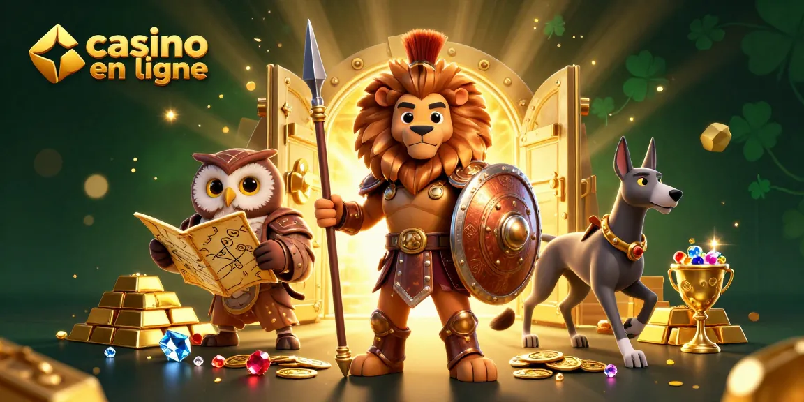 Jouez à des jeux captivants sur casino en ligne, illustré par un lion spartiate et des trésors scintillants.