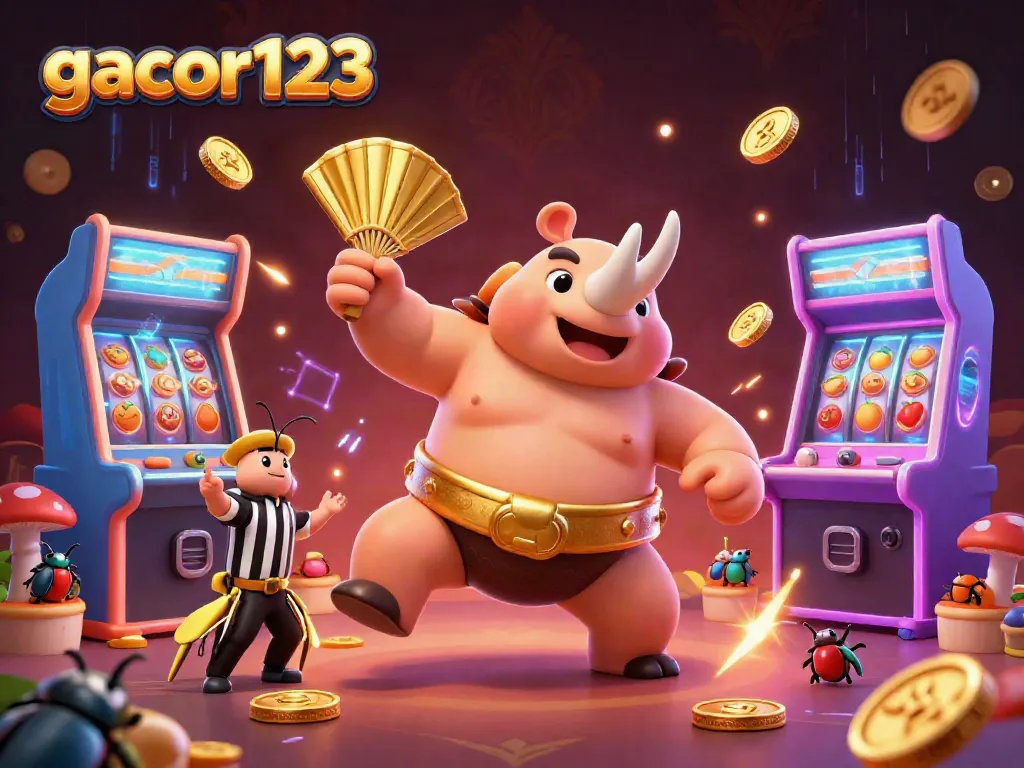 Engage with gacor123's vibrant sumo beetle champion amidst slot reels and shimmering coins.