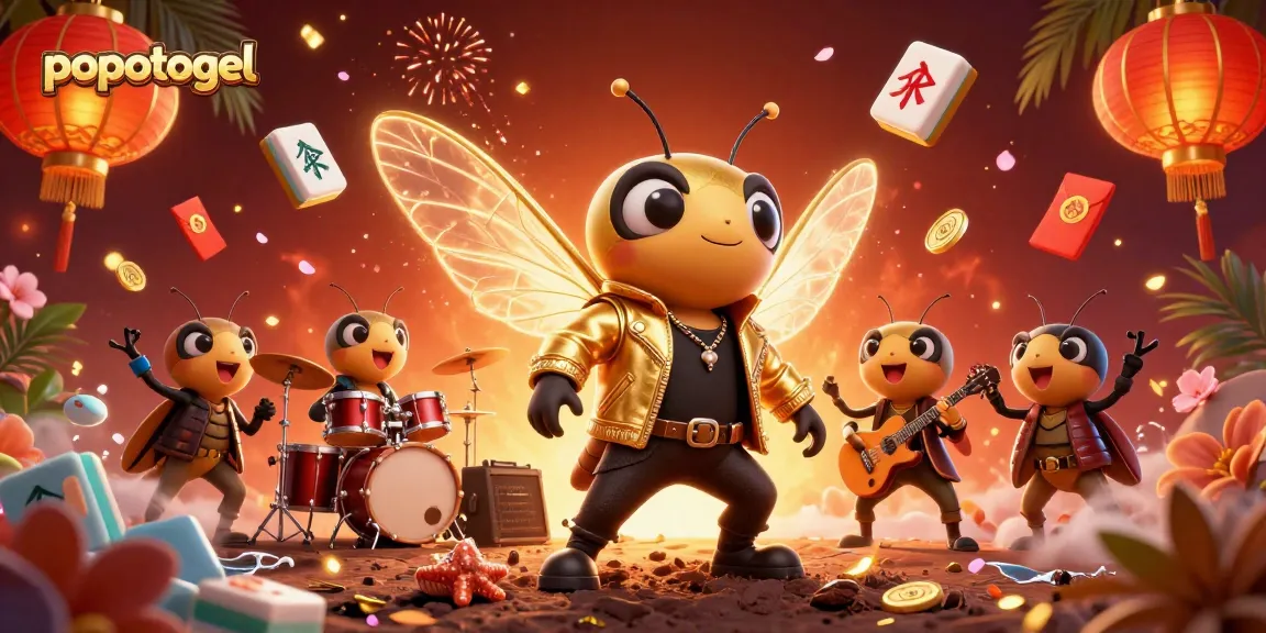 Experience popotogel excitement with a vibrant 3D illustration featuring a cicada rock star and dynamic game elements.