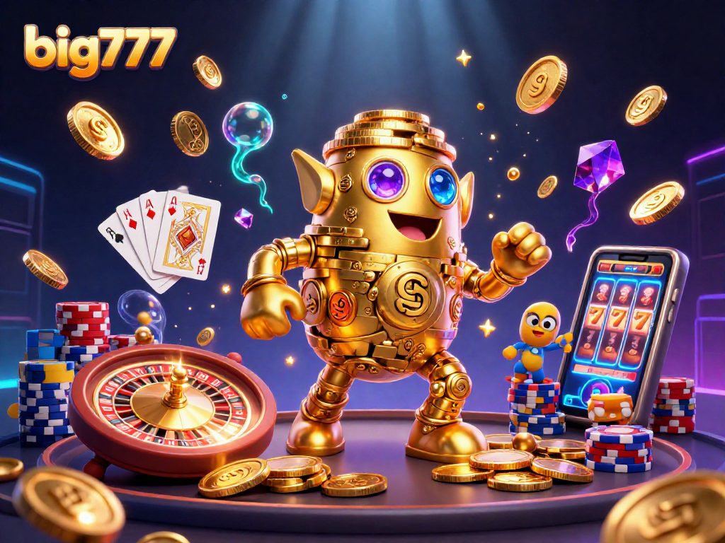 Spin big777 to win big with a golden golem and casino elements in a vibrant illustration.