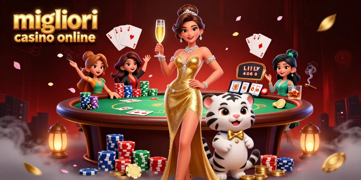 Vivi l'emozione con i migliori casino online che presentano una donna glamour e un cucciolo di tigre fortunato in una scena di casinò vibrante.