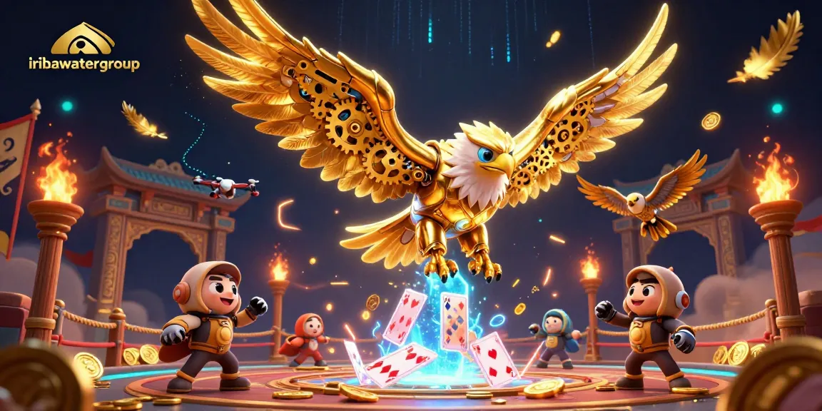 Play exciting games at iribawatergroup's vibrant casino, featuring golden eagle and holographic playing cards.