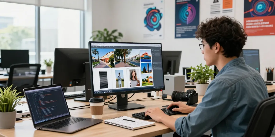 AI detector tools in action, analyzing images on a monitor with tech ambiance