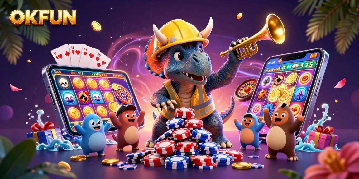 Join the OKFUN casino excitement with a cheerful triceratops and a dynamic gambling scene.