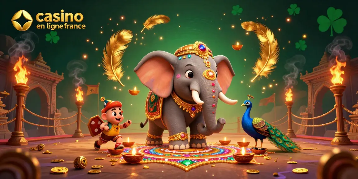 Vivez des moments d'excitation au casino en ligne France avec un éléphant décoré et un paon, entourés de pièces d'or.