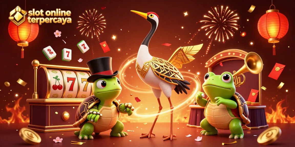 Bermain slot online terpercaya sambil menikmati suasana kasino dengan crane, kura-kura, dan katak yang unik.