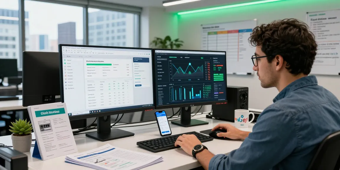 IT specialist analyzing web hosting Mexico performance data on dual monitors, showcasing a modern office environment.