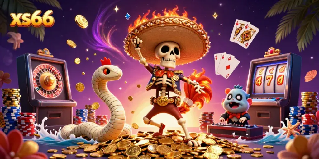 Experience excitement at xs66 with a vibrant 3D cartoon scene of gaming fun and win.