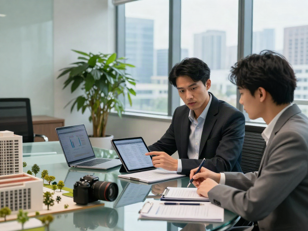 Discussing real estate strategies and deposit 10k with a client in a modern office setting.
